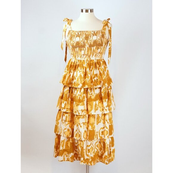 Cleobella Shae Midi Dress Yellow Watercolor Ikat Print - Size Medium - Picture 1 of 7